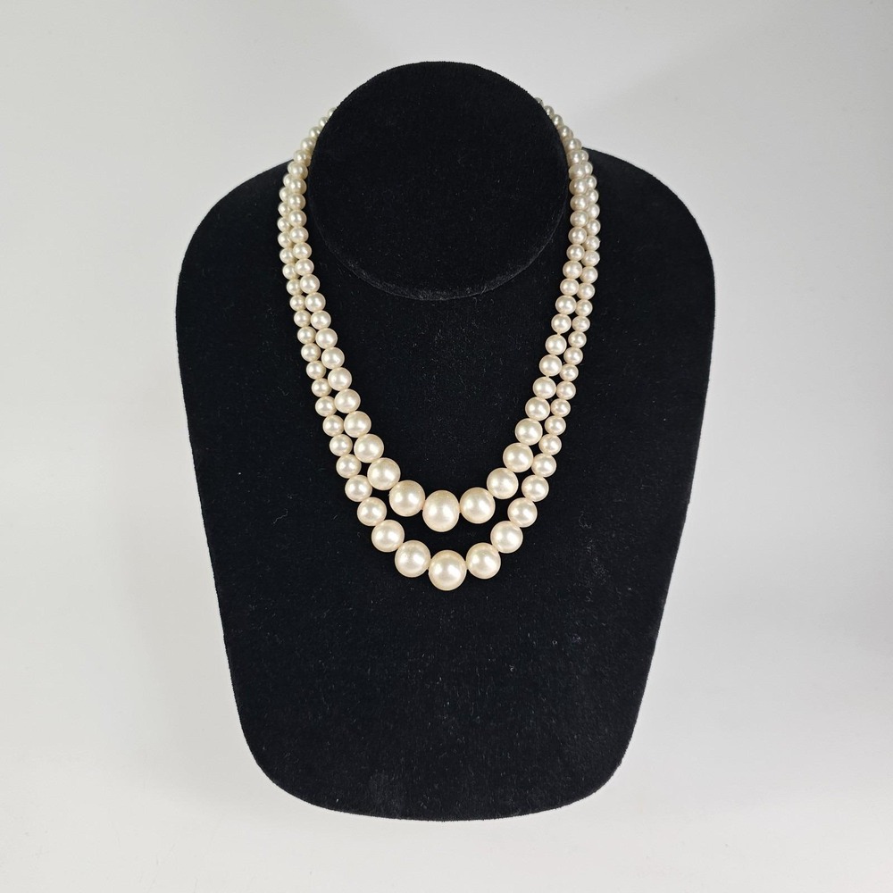 Vtg Marvella 2 Row Faux Pearl Necklace 15" Formal Evening MultiLayer Silver Tone